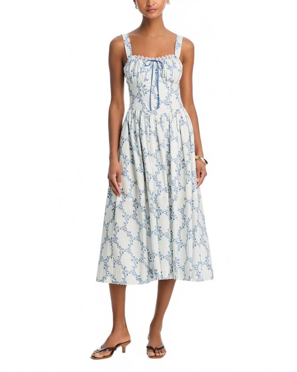 NEW MOON RIVER sleeveless corset detail midi dress in off white